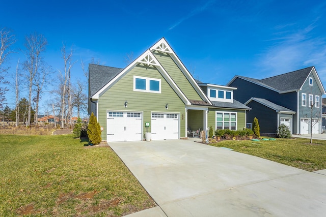 craftsman inspired home featuring a garage and a front yard