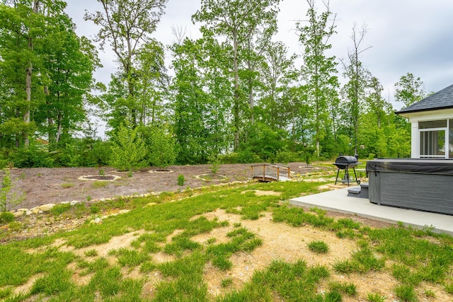 view of yard featuring a patio and a hot tub