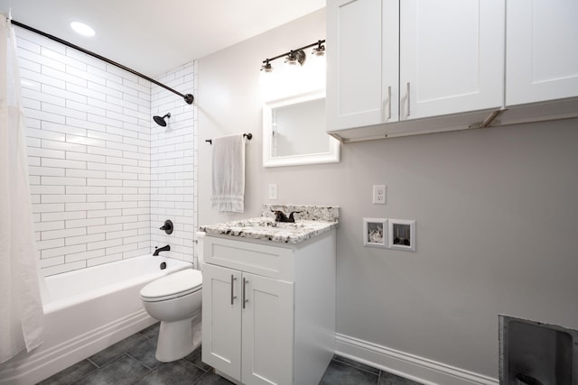 full bathroom featuring shower / bath combination with curtain, vanity, toilet, and tile patterned flooring