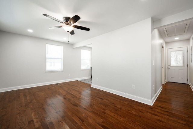 unfurnished room featuring dark hardwood / wood-style flooring and ceiling fan