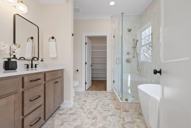 full bathroom with vanity, toilet, and separate shower and tub