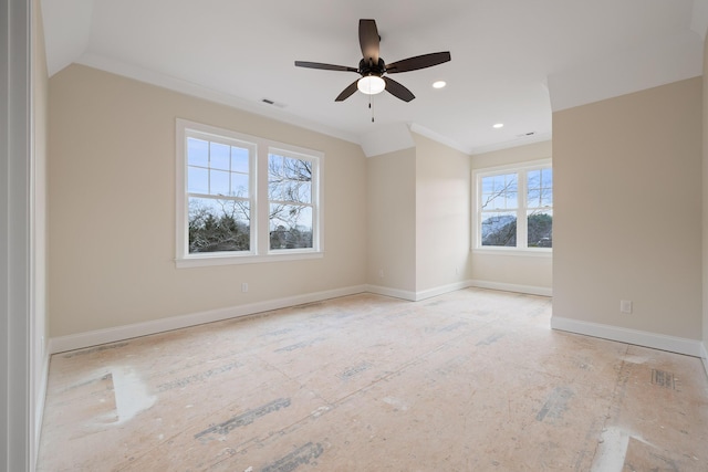 empty room with ornamental molding and ceiling fan