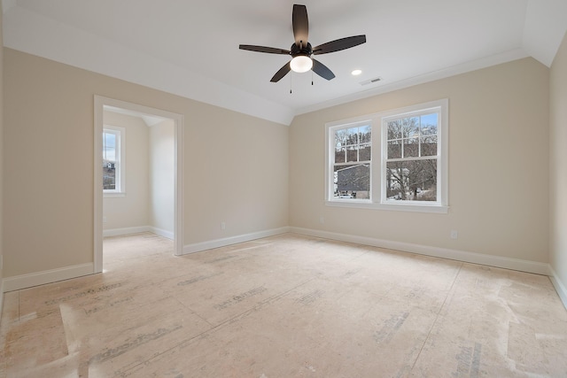 unfurnished room featuring vaulted ceiling and ceiling fan