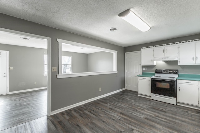 kitchen with white cabinetry, dark hardwood / wood-style floors, a textured ceiling, and white range with electric cooktop