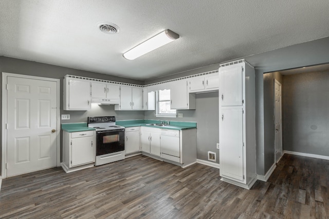 kitchen with range with electric stovetop, white cabinetry, sink, and white dishwasher