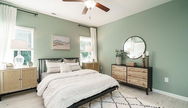 bedroom featuring ceiling fan and light hardwood / wood-style flooring