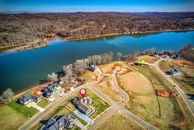 drone / aerial view featuring a water view