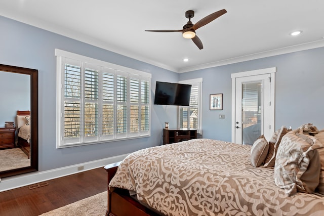 bedroom featuring hardwood / wood-style floors, access to outside, ornamental molding, and ceiling fan