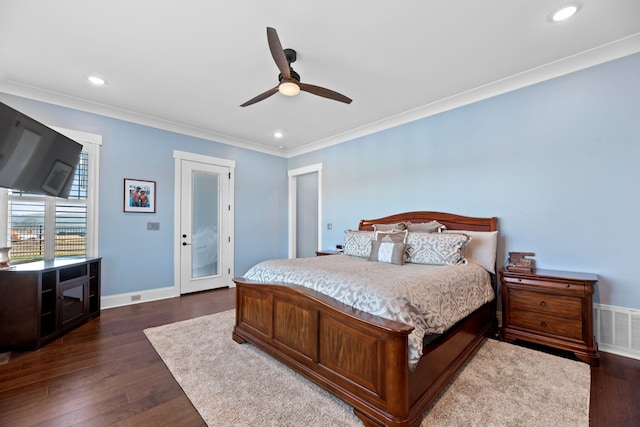 bedroom with crown molding, access to exterior, ceiling fan, and dark hardwood / wood-style flooring