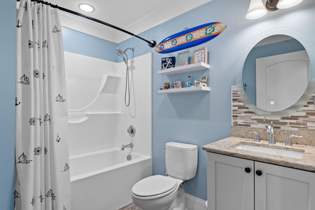 full bathroom with shower / tub combo with curtain, vanity, decorative backsplash, and toilet