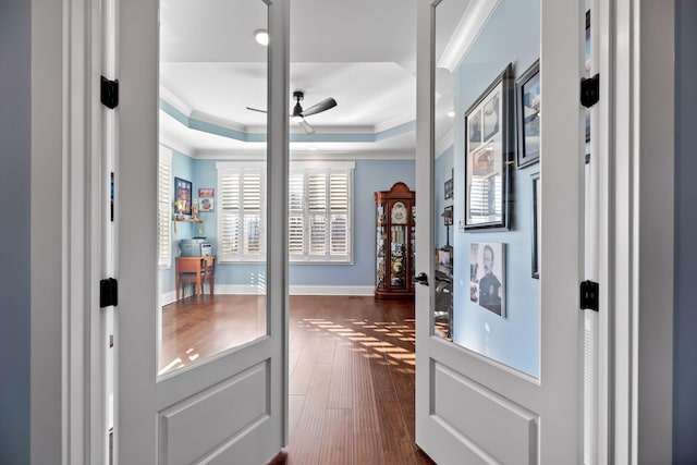 doorway featuring ceiling fan, ornamental molding, a tray ceiling, and dark hardwood / wood-style flooring