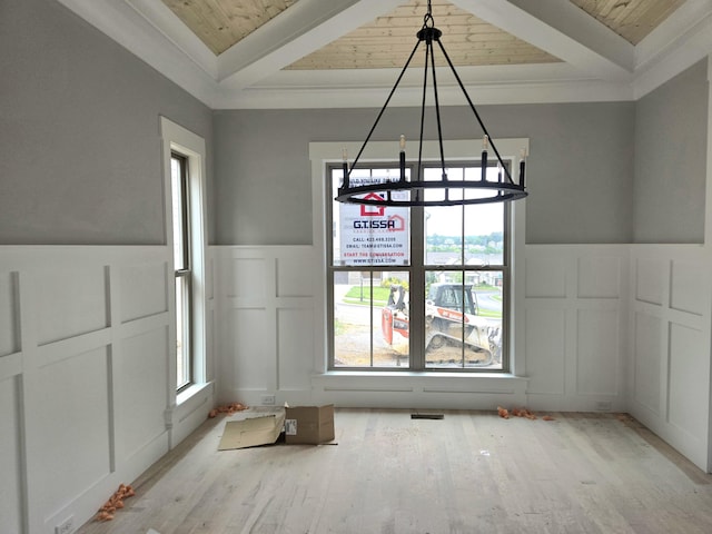 9892 Trestle Cir Unit 50, Ooltewah, TN 37363 - unfurnished dining area with a decorative wall, wood finished floors, a chandelier, wooden ceiling with exposed beams, and wainscoting