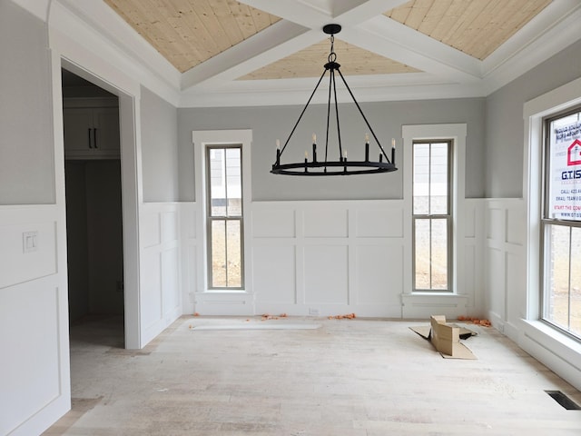 9892 Trestle Cir Unit 50, Ooltewah, TN 37363 - unfurnished dining area featuring a decorative wall, a chandelier, wainscoting, wood ceiling with exposed beams, and wood finished floors