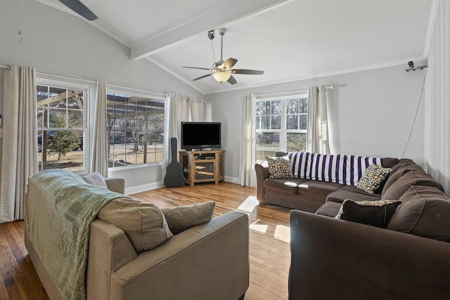 living room featuring lofted ceiling with beams, wood-type flooring, ornamental molding, and ceiling fan