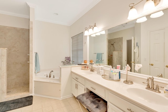 bathroom featuring vanity, crown molding, and separate shower and tub