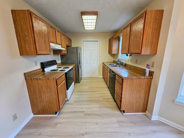 kitchen with sink, white electric range, light hardwood / wood-style flooring, dishwasher, and a textured ceiling