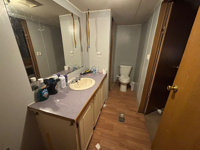 bathroom with vanity, hardwood / wood-style flooring, a textured ceiling, and toilet