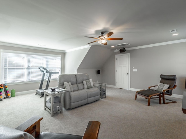 carpeted living room featuring crown molding and ceiling fan