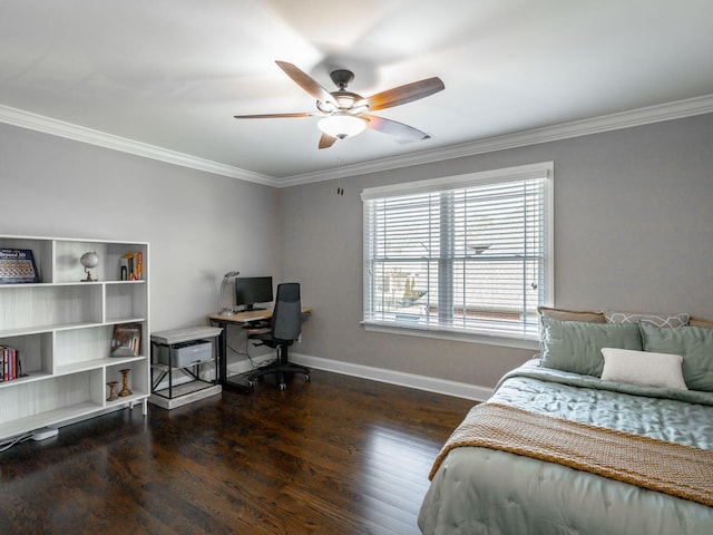 bedroom featuring crown molding, ceiling fan, and dark hardwood / wood-style flooring