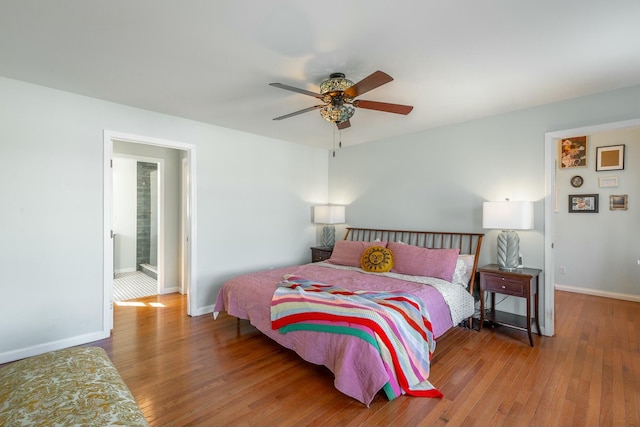 bedroom with ceiling fan and hardwood / wood-style floors