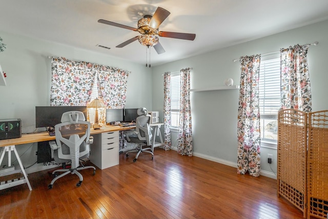 office featuring hardwood / wood-style flooring, a healthy amount of sunlight, and ceiling fan