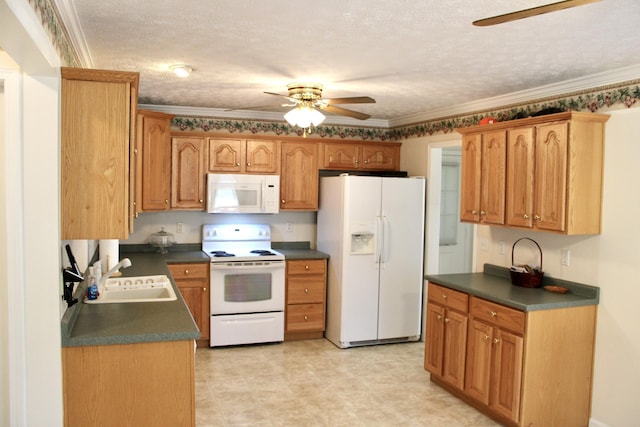 kitchen featuring ceiling fan, white appliances, crown molding, and sink