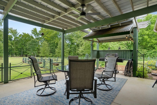 view of patio / terrace featuring a gazebo and ceiling fan