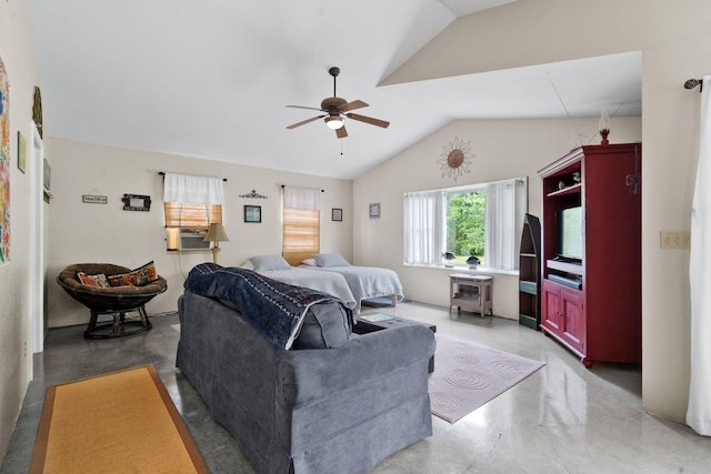 bedroom with concrete flooring, lofted ceiling, cooling unit, and ceiling fan