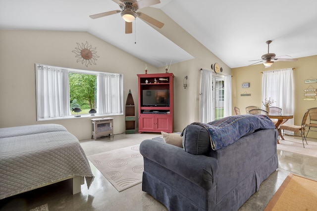 bedroom featuring lofted ceiling, access to outside, and ceiling fan