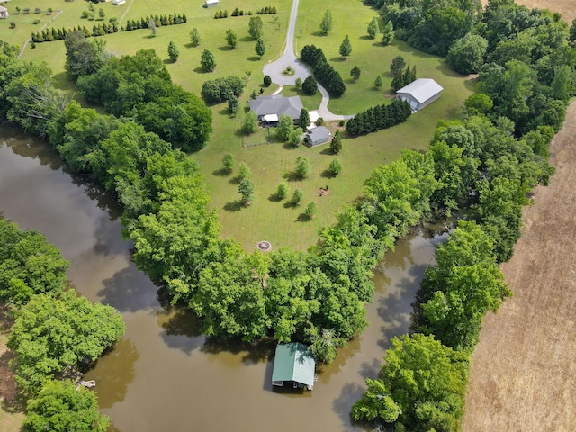 aerial view featuring a water view and a rural view