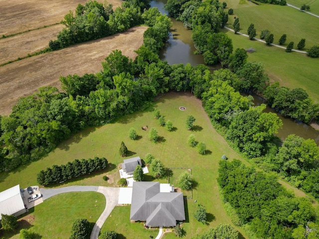 drone / aerial view featuring a water view and a rural view