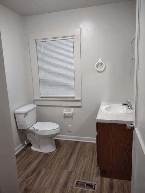 bathroom featuring vanity, wood-type flooring, and toilet