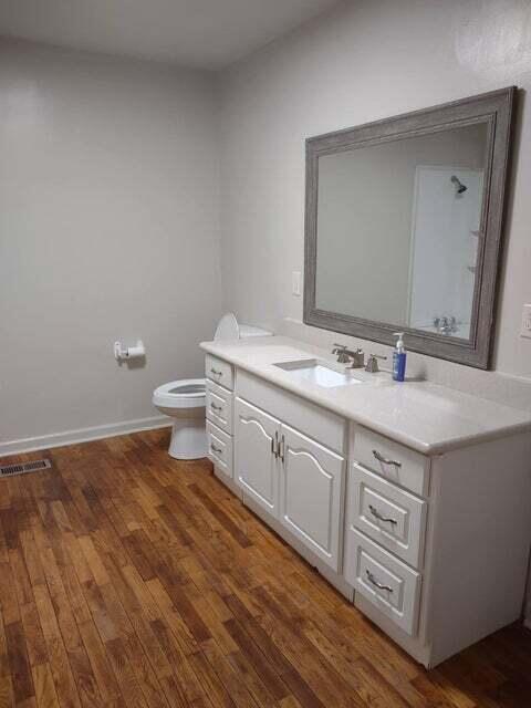 bathroom featuring vanity, wood-type flooring, and toilet