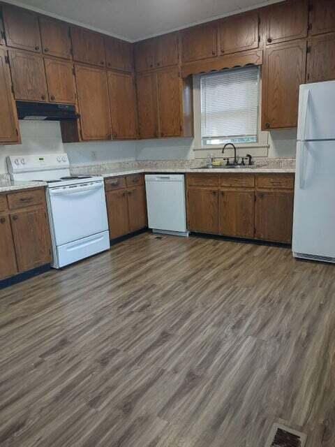 kitchen featuring white appliances, dark hardwood / wood-style floors, and sink