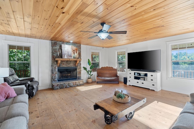 living room with ceiling fan, wood ceiling, a fireplace, and light hardwood / wood-style flooring