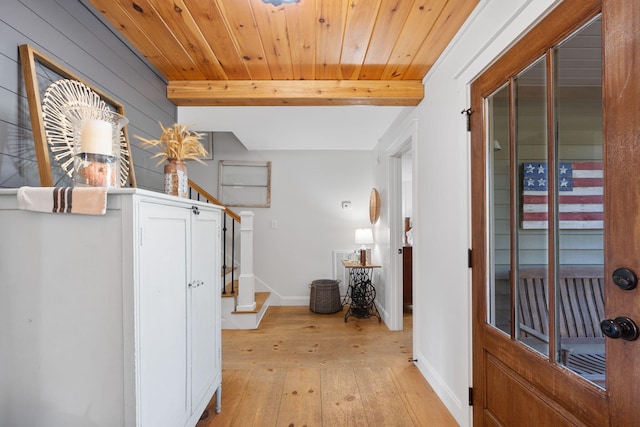 corridor featuring beam ceiling, wood ceiling, and light hardwood / wood-style flooring