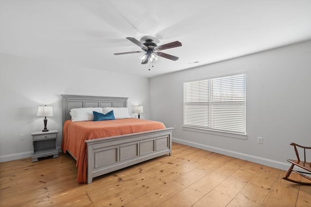 bedroom featuring ceiling fan and light wood-type flooring