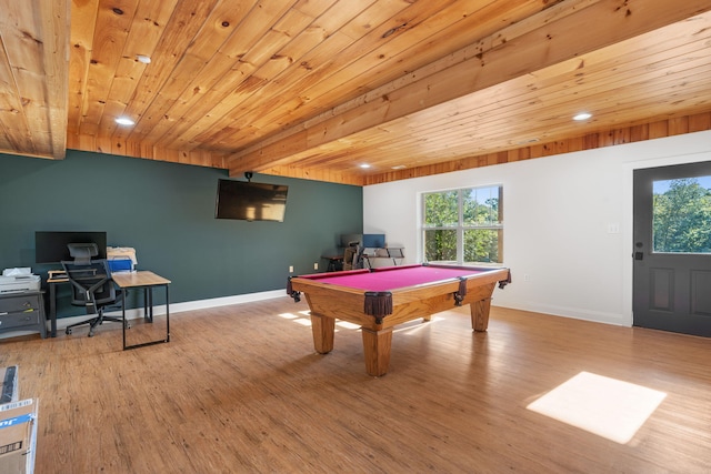 recreation room with a healthy amount of sunlight, wooden ceiling, and light hardwood / wood-style flooring