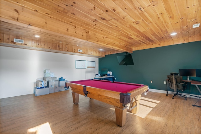 game room featuring wood ceiling, billiards, light hardwood / wood-style floors, and beamed ceiling