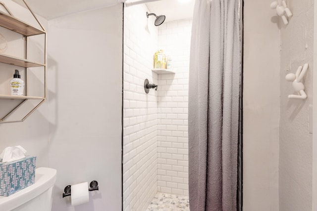 bathroom with a stall shower and toilet