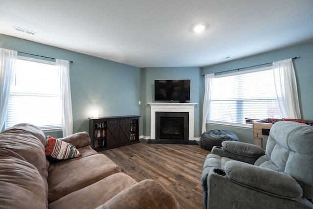 living room with dark hardwood / wood-style floors