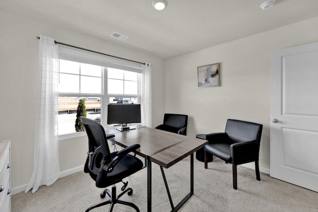 home office with light carpet