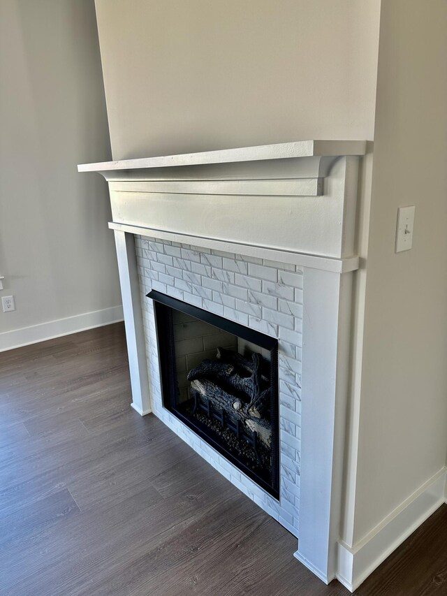 room details featuring wood finished floors, a fireplace, and baseboards