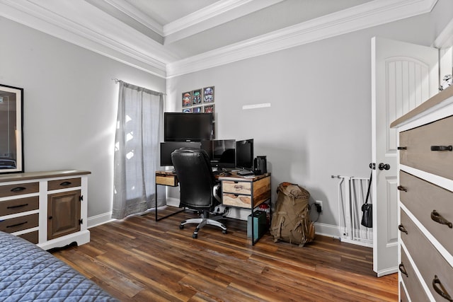 home office with crown molding and dark hardwood / wood-style flooring