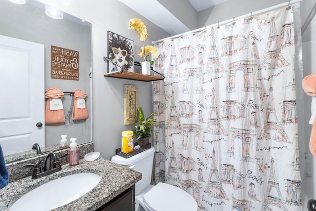 bathroom featuring vanity, curtained shower, and toilet