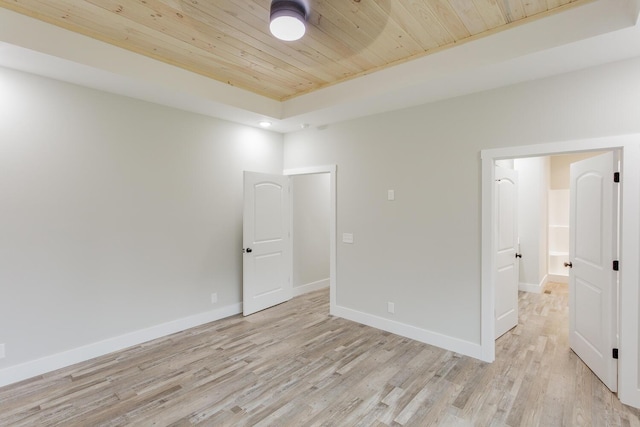 empty room featuring wooden ceiling and light wood-type flooring