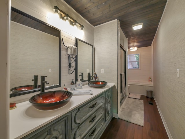 bathroom with wood ceiling, vanity, walk in shower, and hardwood / wood-style flooring