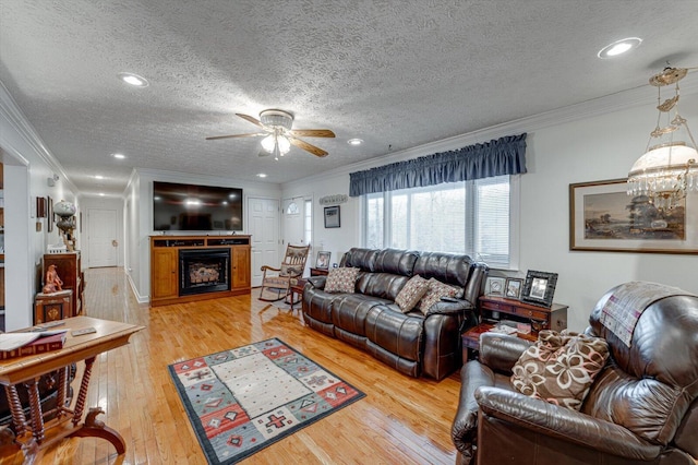 living room featuring hardwood / wood-style flooring, ornamental molding, and a textured ceiling