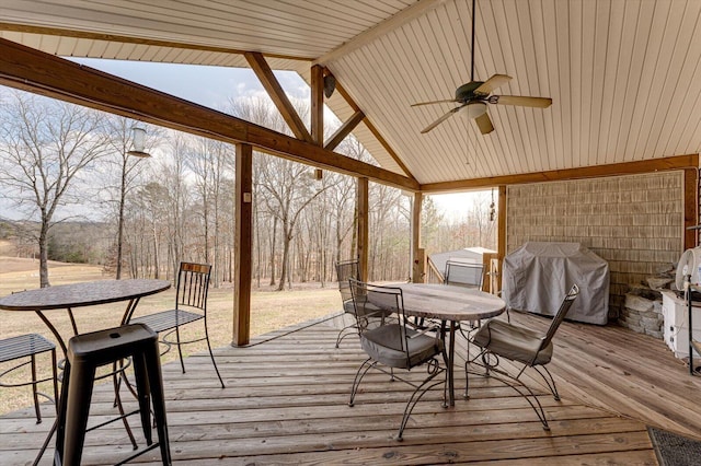 wooden deck featuring a grill, a gazebo, and ceiling fan