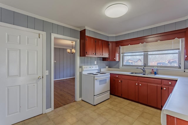 kitchen featuring crown molding, sink, electric range, and an inviting chandelier